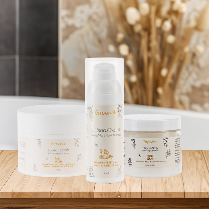 Kit corpo completo di E-mperial con Scrub, crema mani e burro corpo