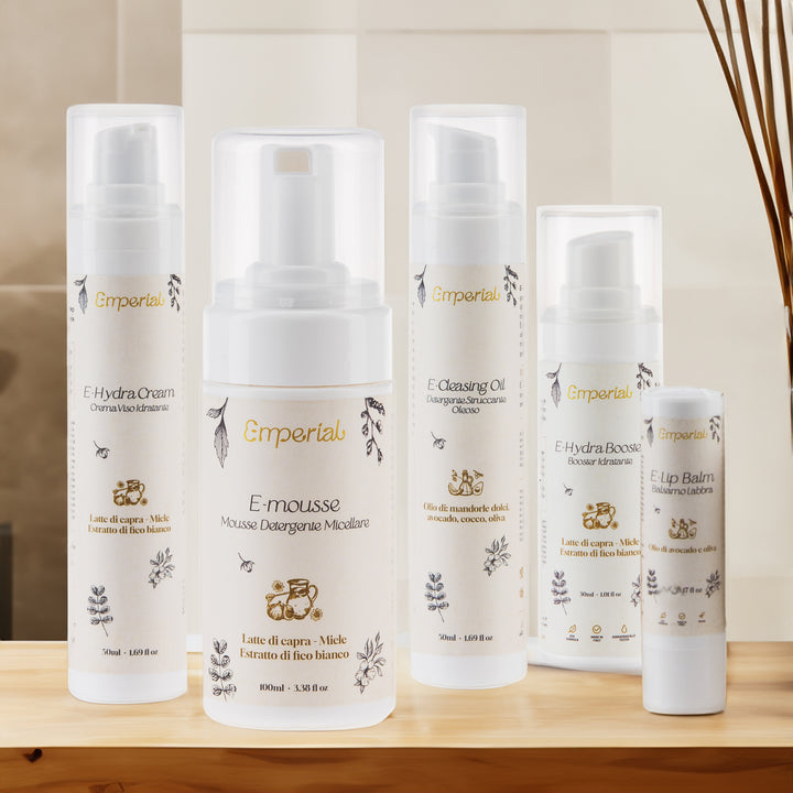 Kit viso completo di E-mperial con Oleogel Struccante, Mousse detergente, Siero idratante Pro-Age, Crema Idratante Pro-Age